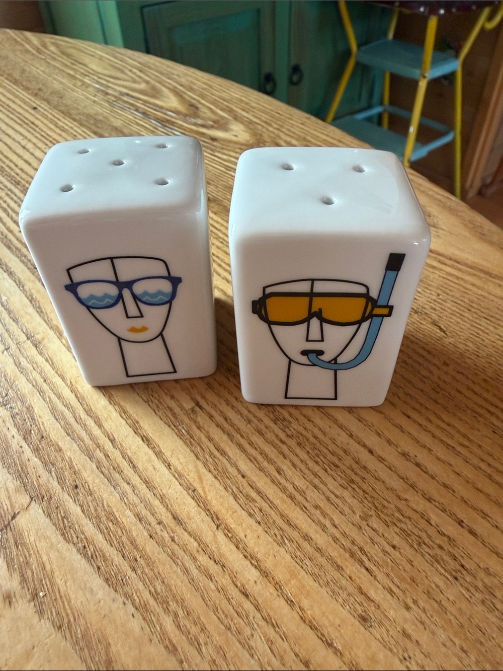 Ceramic White Salt and Pepper Shaker Set with Blue and Yellow Accents